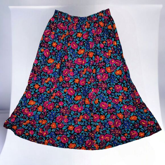 Vtg 90s LL Bean Floral Rayon Maxi Skirt Size M Elastic Waist Pockets Colorful - Picture 1 of 12